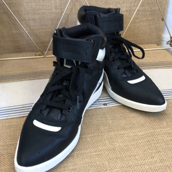 Puma Shoes - Puma High Tops with pointed toe - Black & White - white patent leather accents.